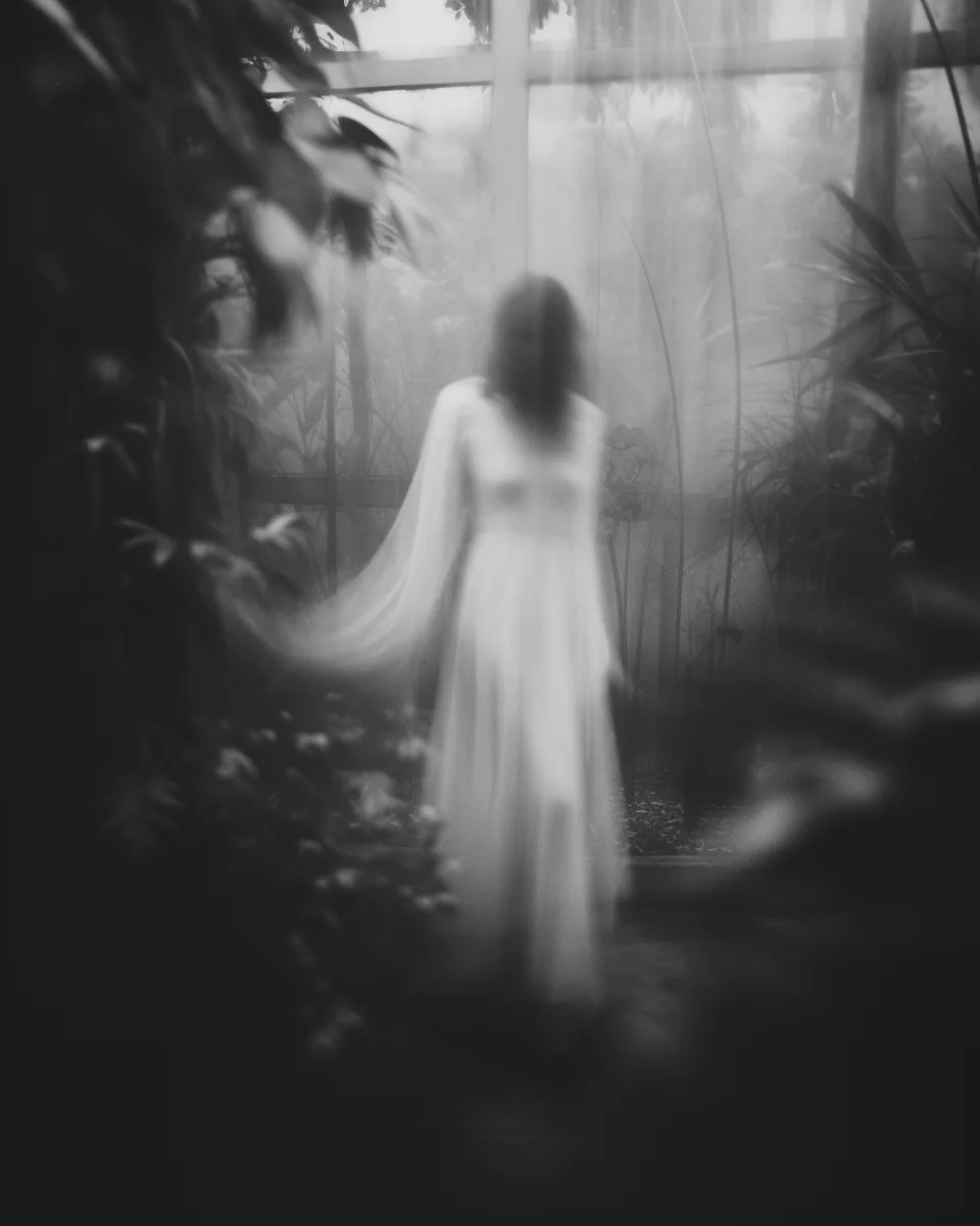 Black and white image: Seraph In The Greenhouse.