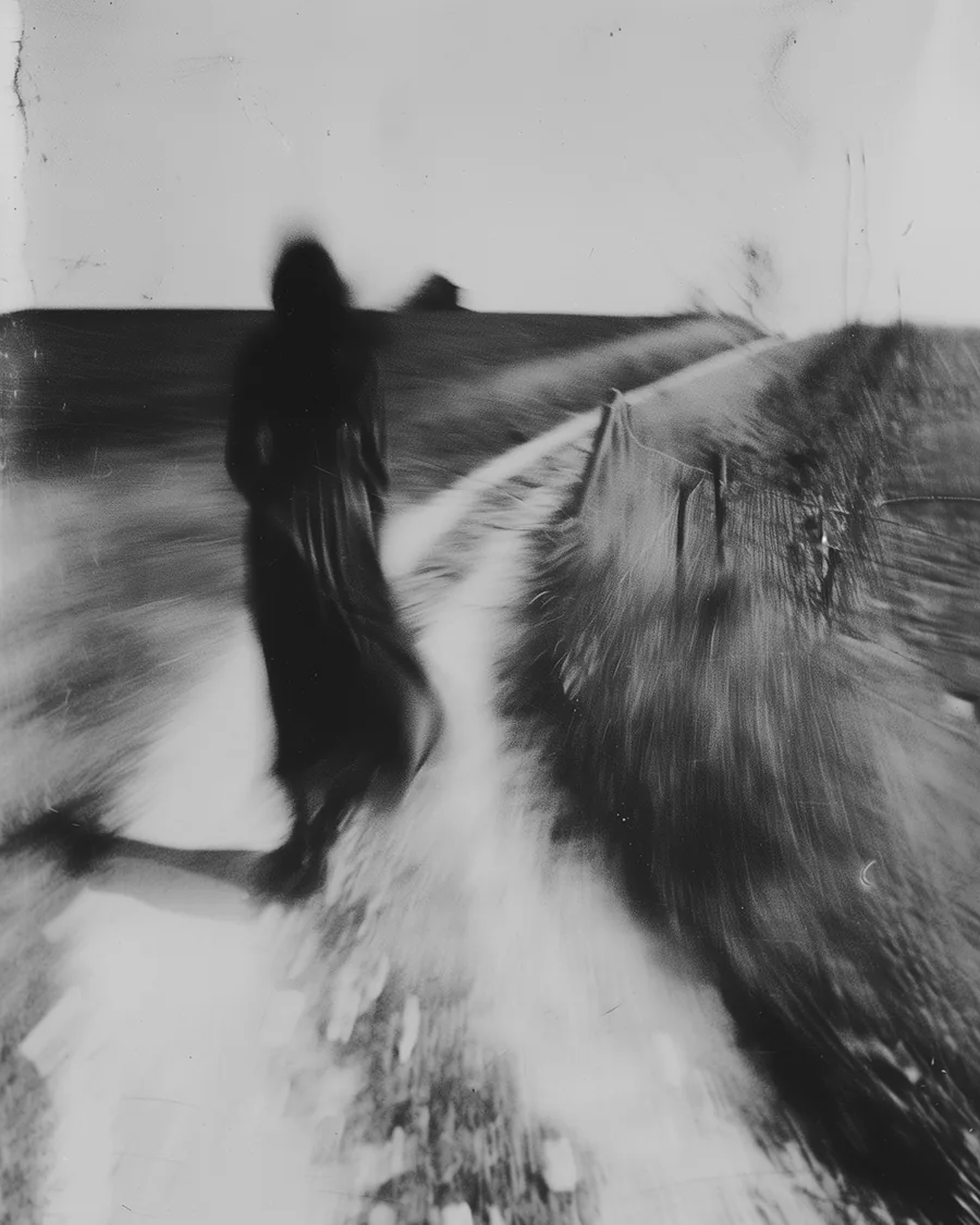 Black and white image: The Path She Walks.